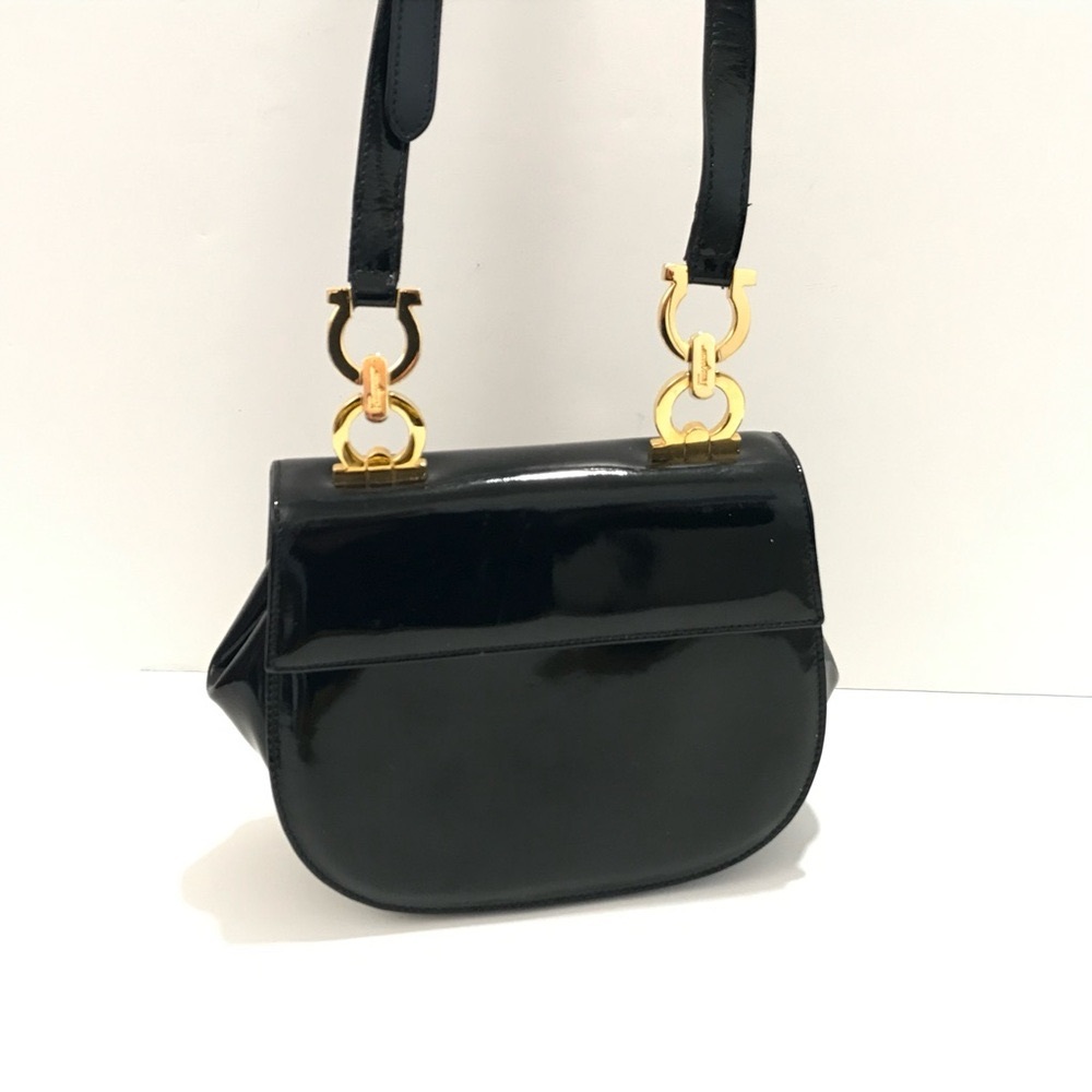 FERRAGAMO Vintage #AT3151 Gancini Black Patent Ltr Saddle Bag RARE Retail- $1395